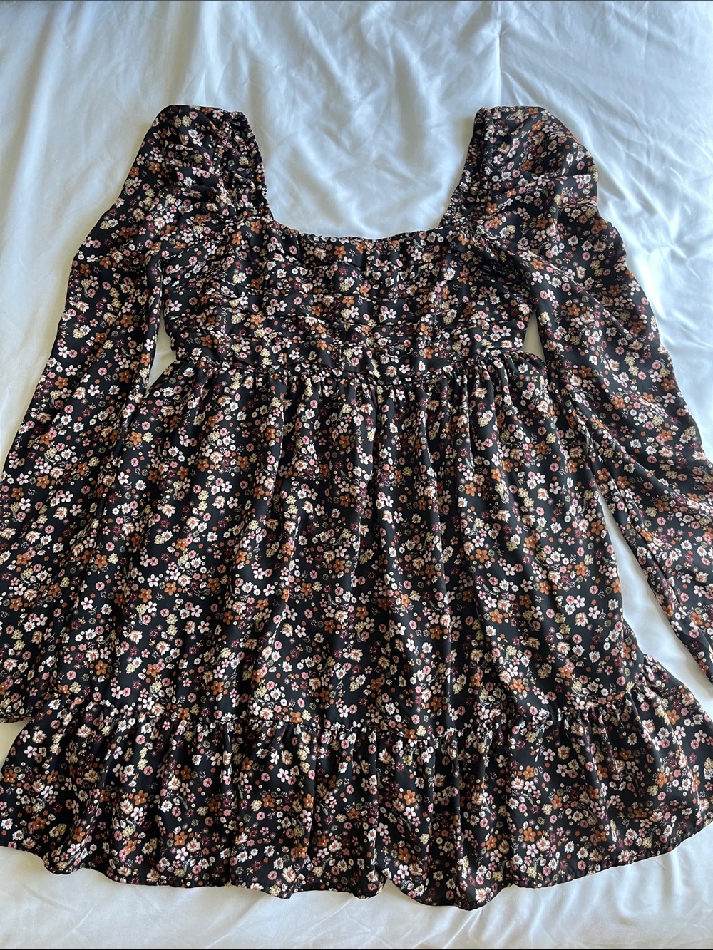 miami Black Cream Floral Long Puff Sleeve Square Neck Midi Dress with Lining